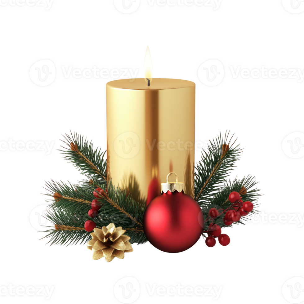 Gold Christmas candle with green fir branch and red shiny bauble 3D icon cartoon smooth soft light isolate on transparent background png