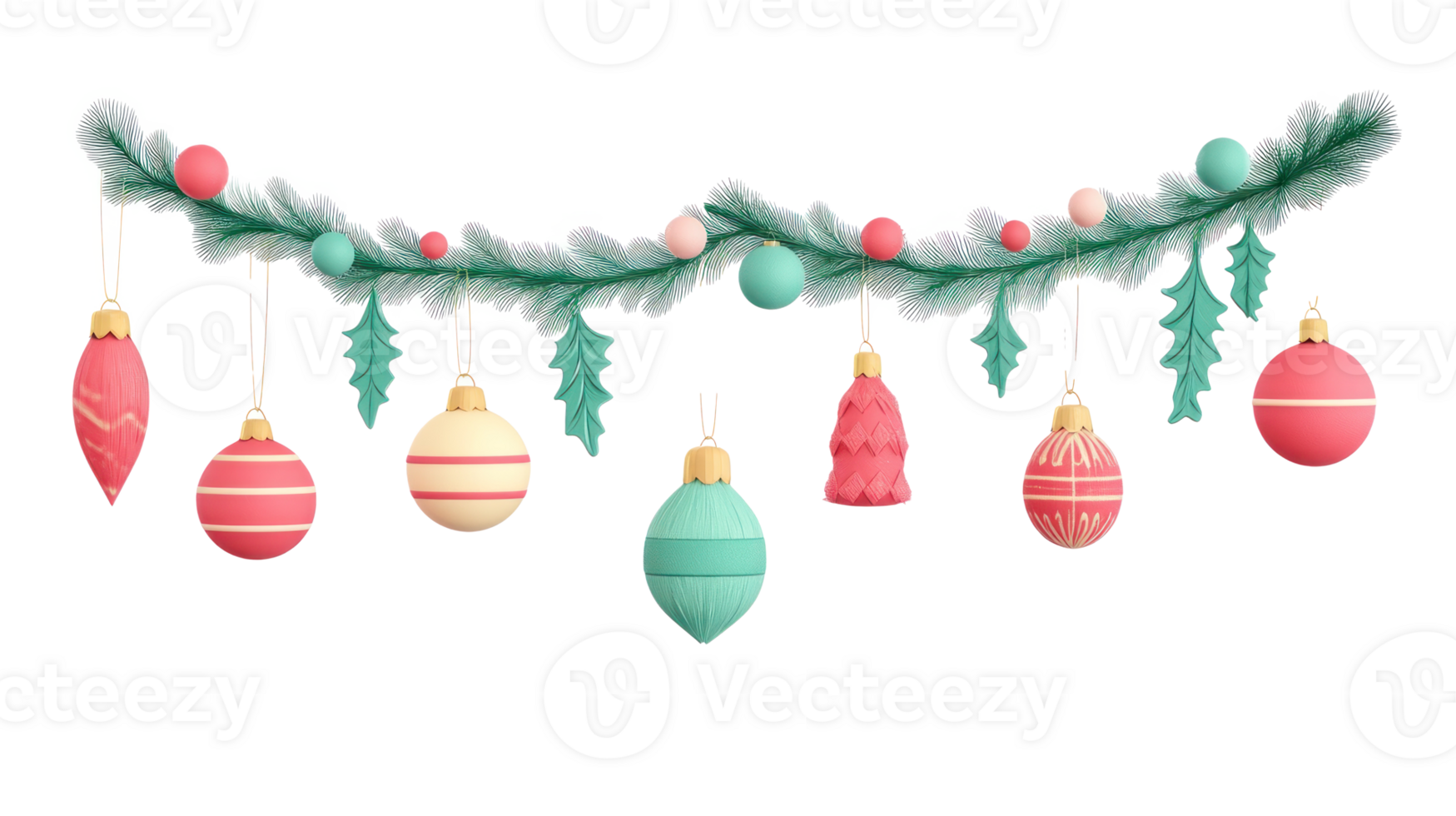 Christmas garland with ornaments hanging 3D icon cartoon isolate on transparent background png