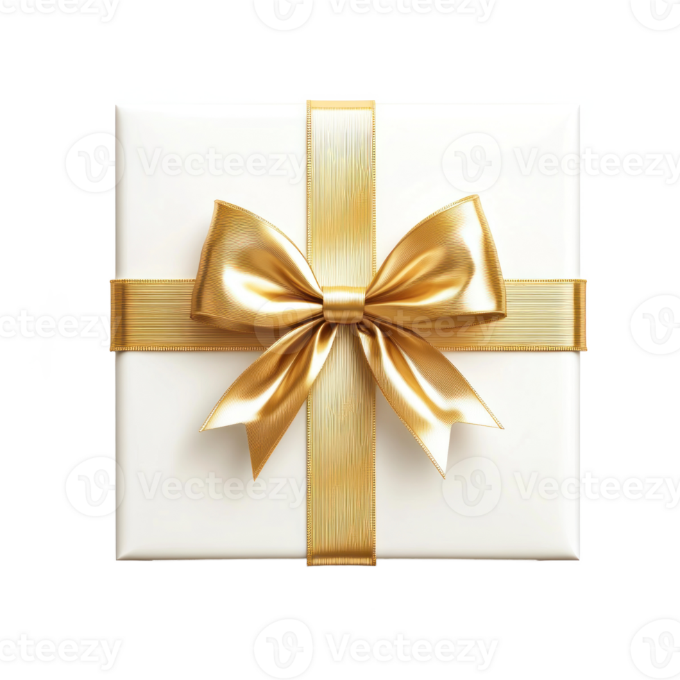 White gift box with gold ribbon and bow 3D icon isolate on transparent background png