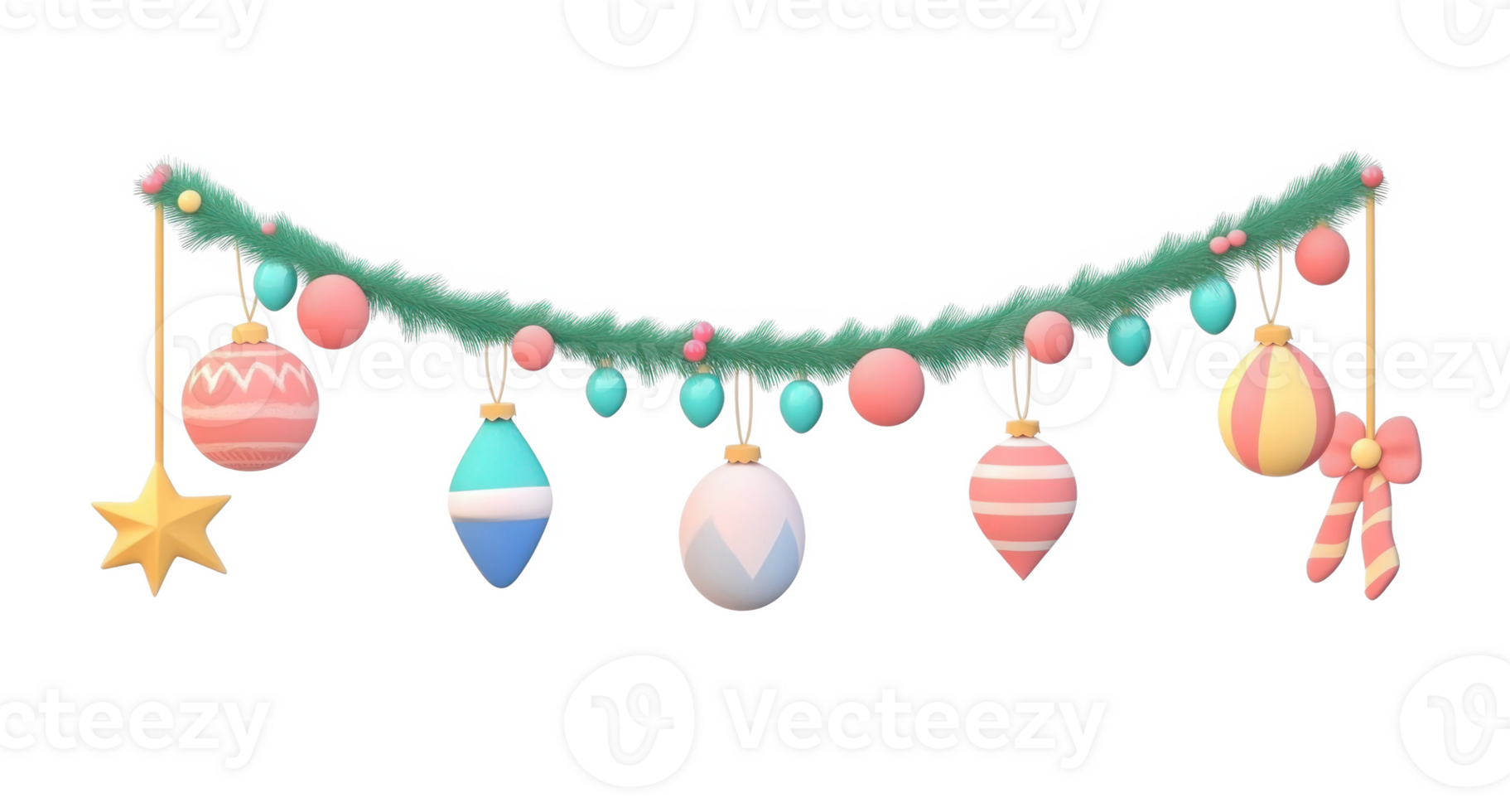 Christmas garland with decorations hanging 3D icon cartoon isolate on transparent background png