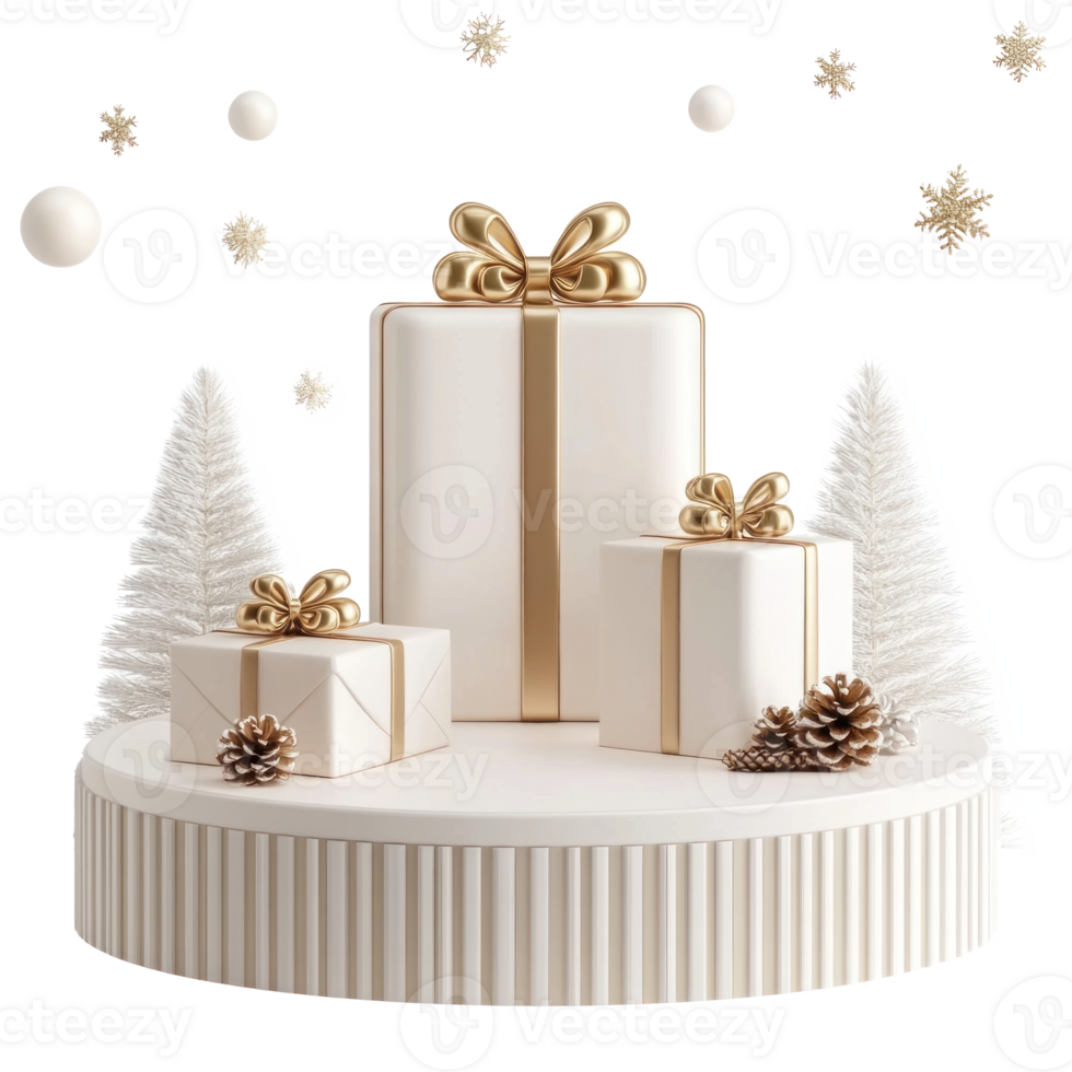 Christmas white and gold podium presents 3D icon isolate on transparent background png