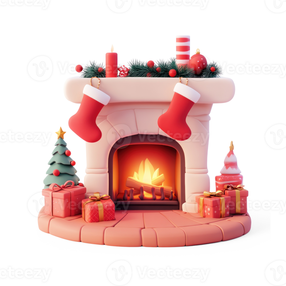 Christmas fireplace with red stockings gifts and decorations 3D icon cartoon smooth soft light isolate on transparent background png