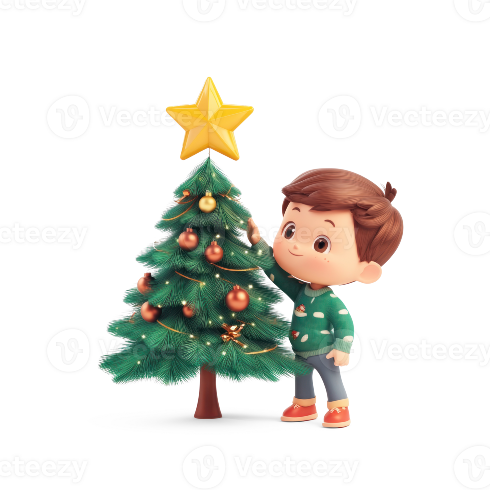 Little boy putting star on top of Christmas tree 3D icon cartoon smooth soft light isolate on transparent background png