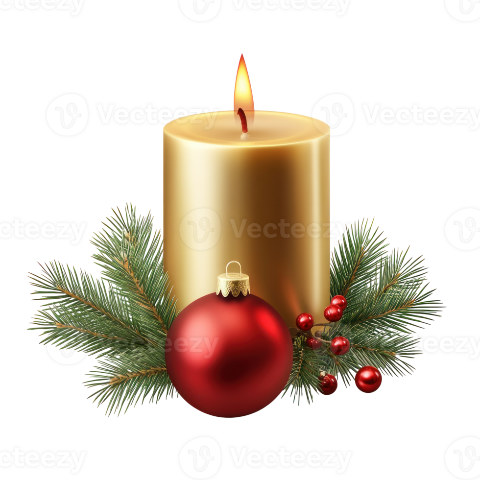 Gold Christmas candle with green fir branch and red shiny bauble 3D icon isolate on transparent background png