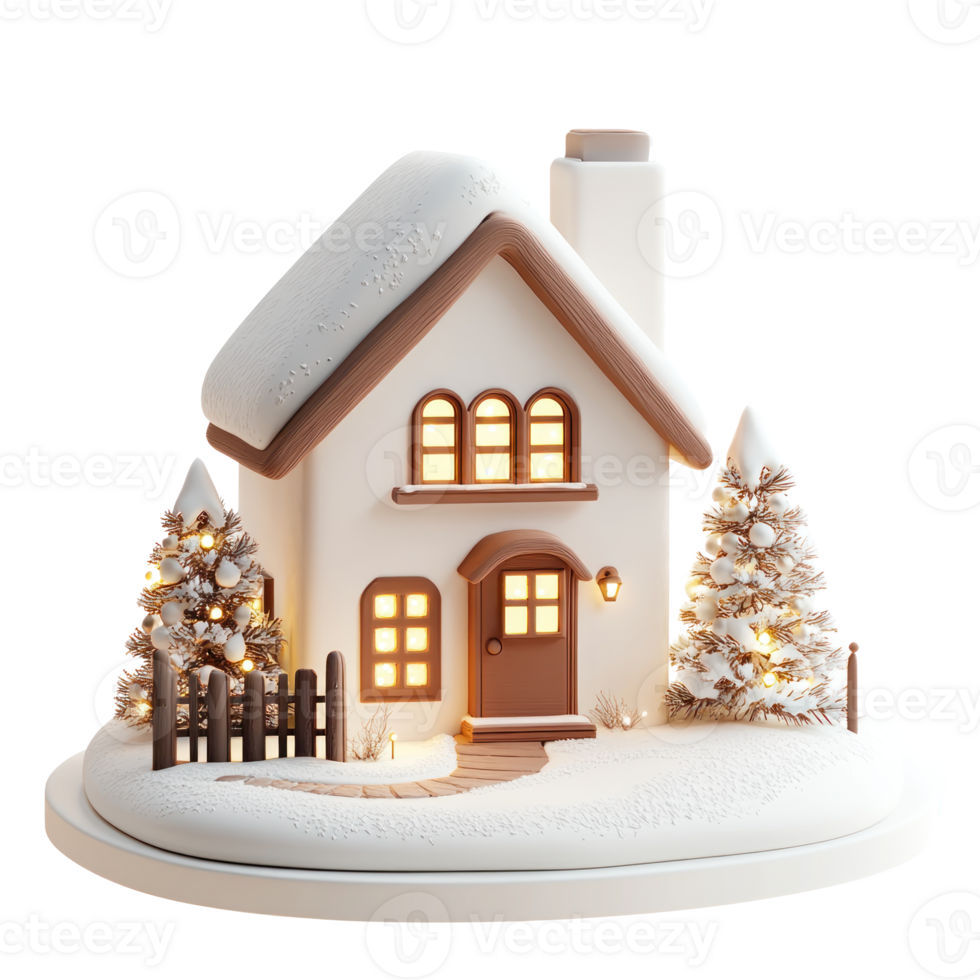 Modern house model decoration with lights and snow 3D icon isolate on transparent background png