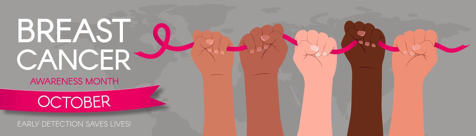 Banner for World Breast Cancer Awareness Month in October. Diverse female hands hold a pink ribbon. You are not alone. Modern illustration. vector