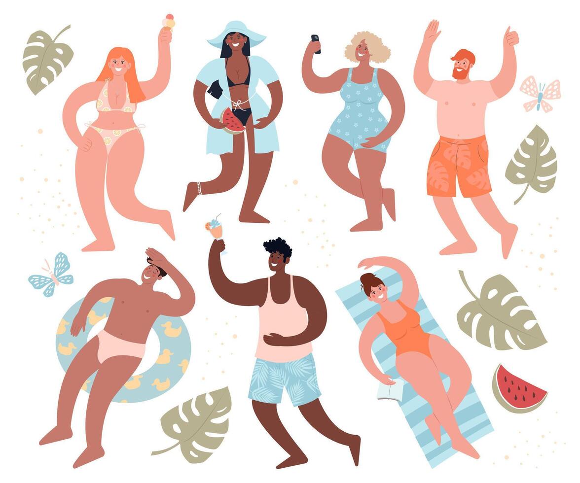 Sticker set. Diverse people in swimsuits have fun. vector
