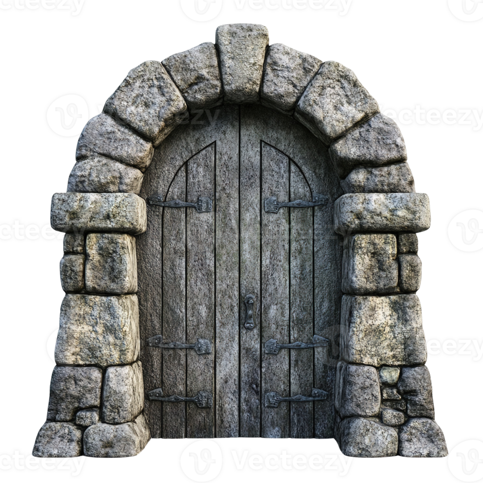 Rustic Wooden Door in Stone Archway png
