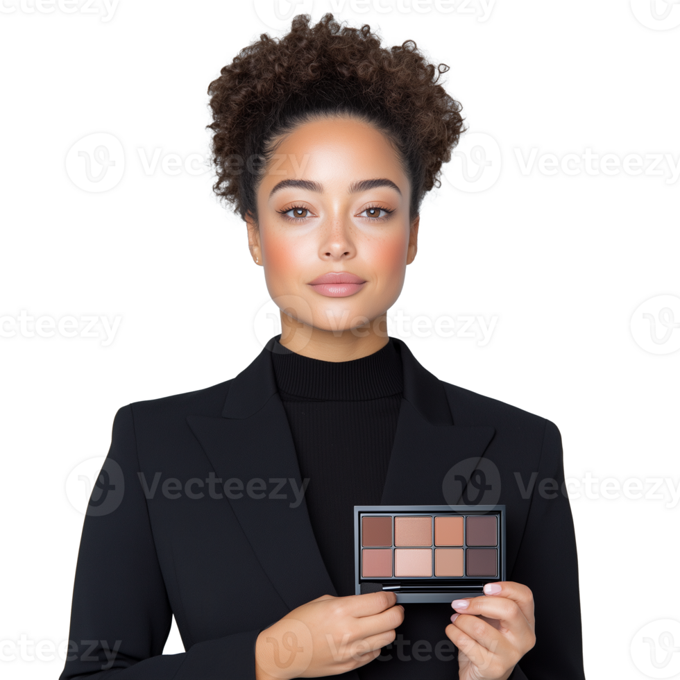 Woman holding neutral makeup palette on transparent background png