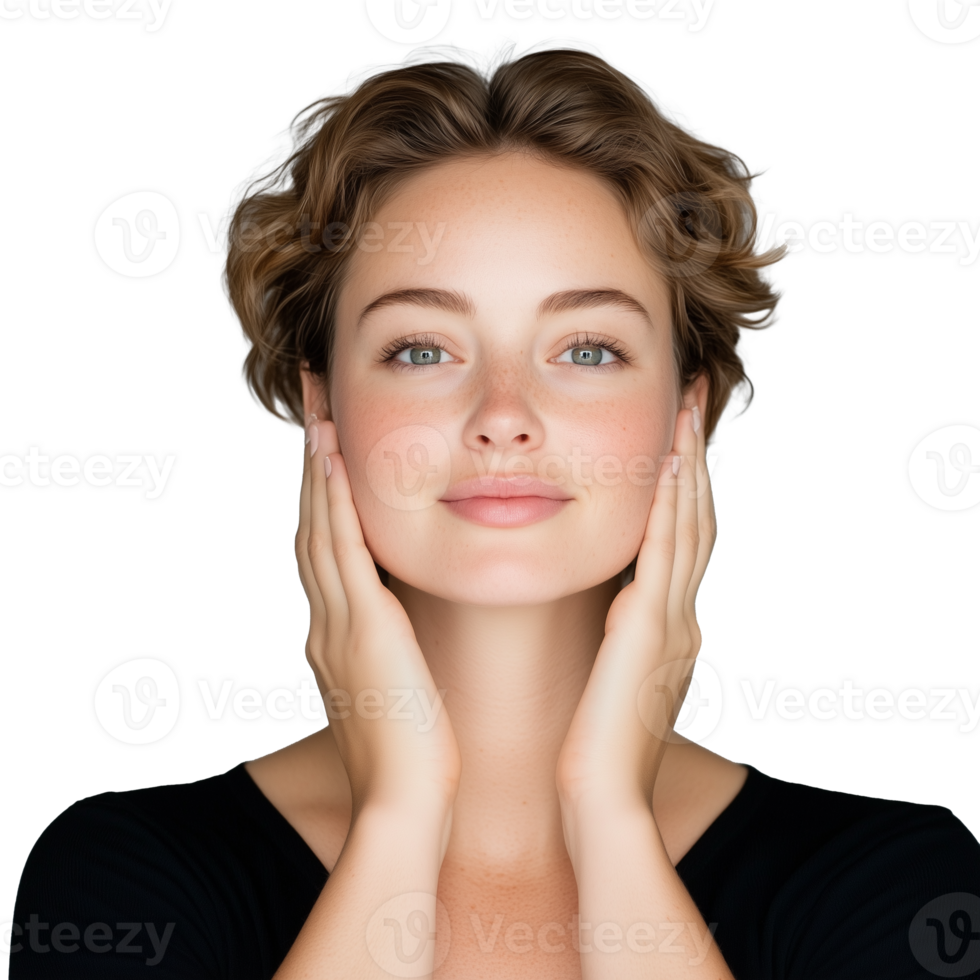 Happy woman with hands on cheeks on transparent background png