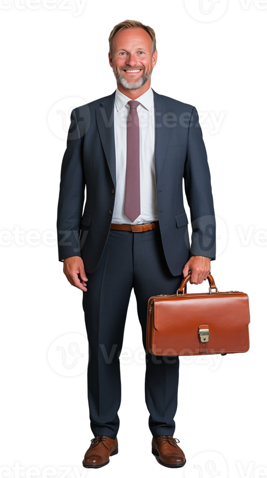 Mature man holding leather briefcase on transparent background png