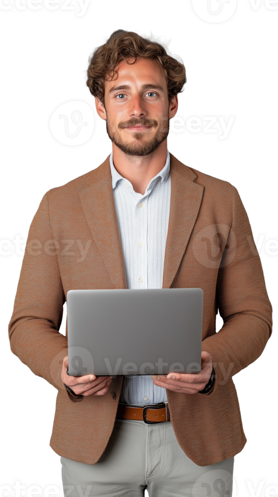Man in blazer holding laptop on transparent background png