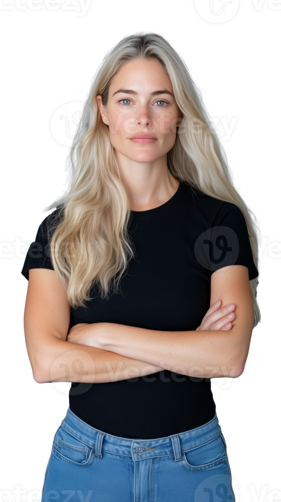 Blonde woman crossing arms in black top on transparent background png