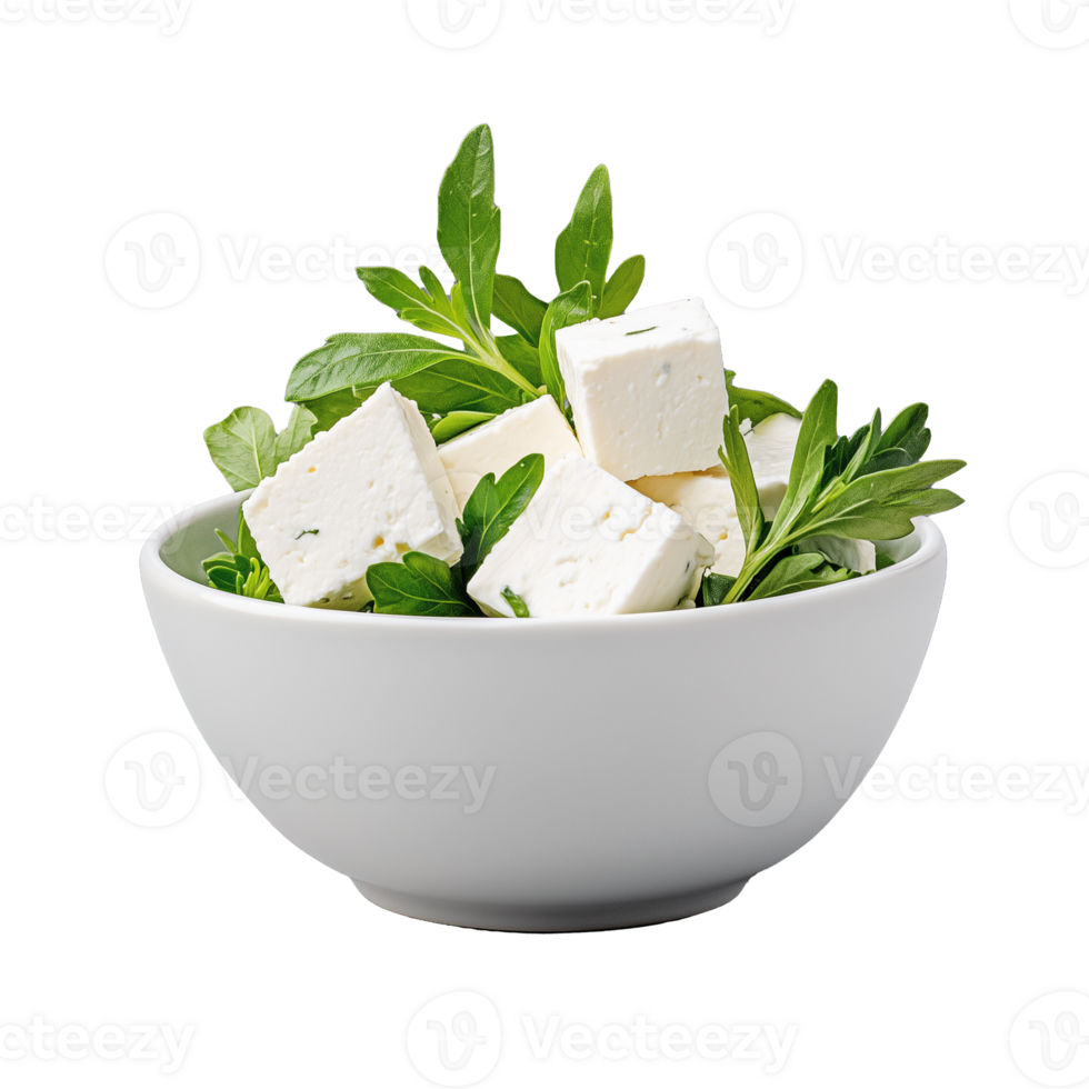 Bowl of feta cheese with herbs on transparent background png