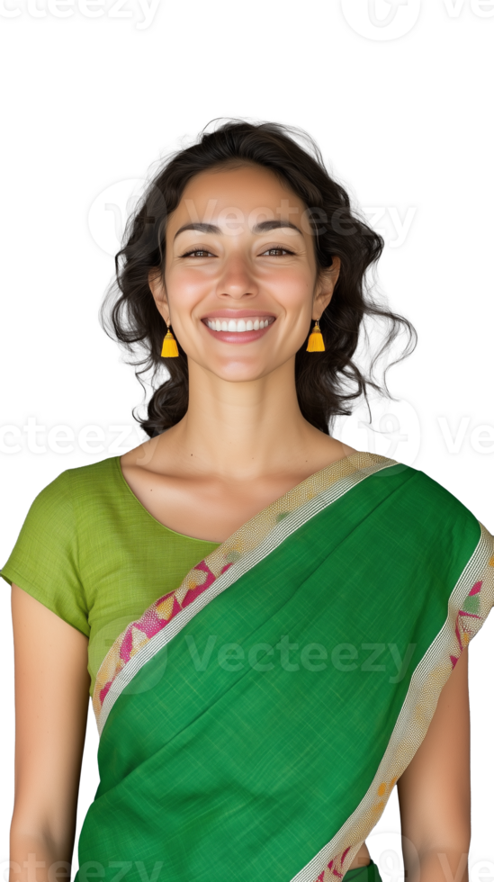 Smiling woman in green sari on transparent background png