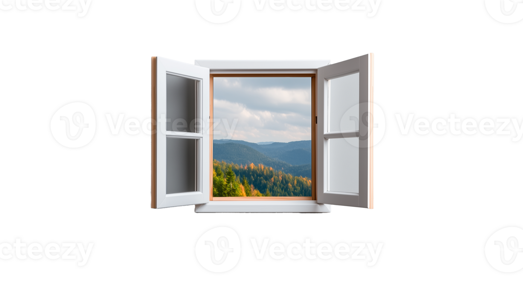 Open window view to scenic mountains on transparent background png