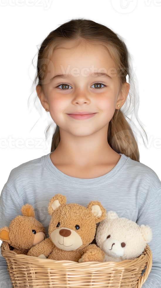 Smiling girl holding basket of teddy bears on transparent background png