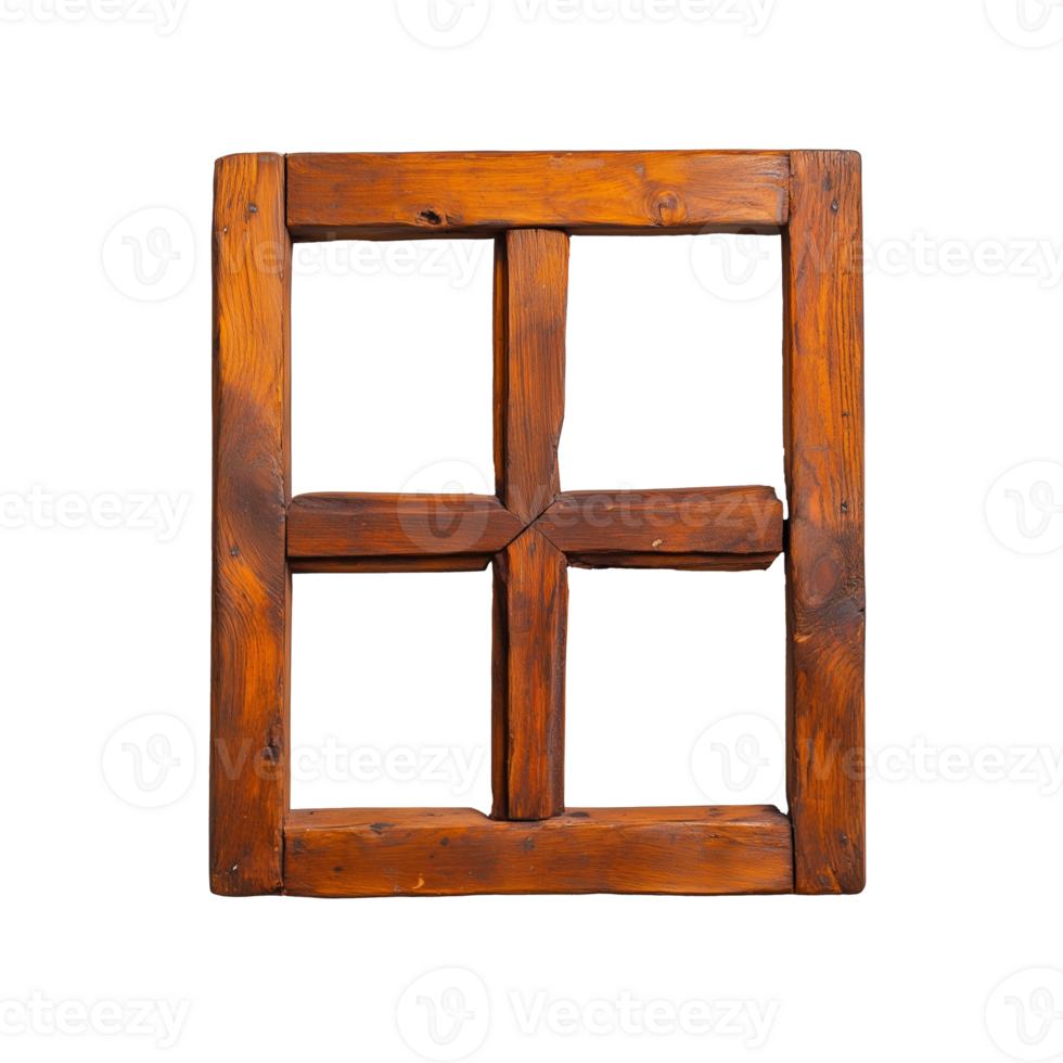 Dark stained wooden window frame on transparent background png