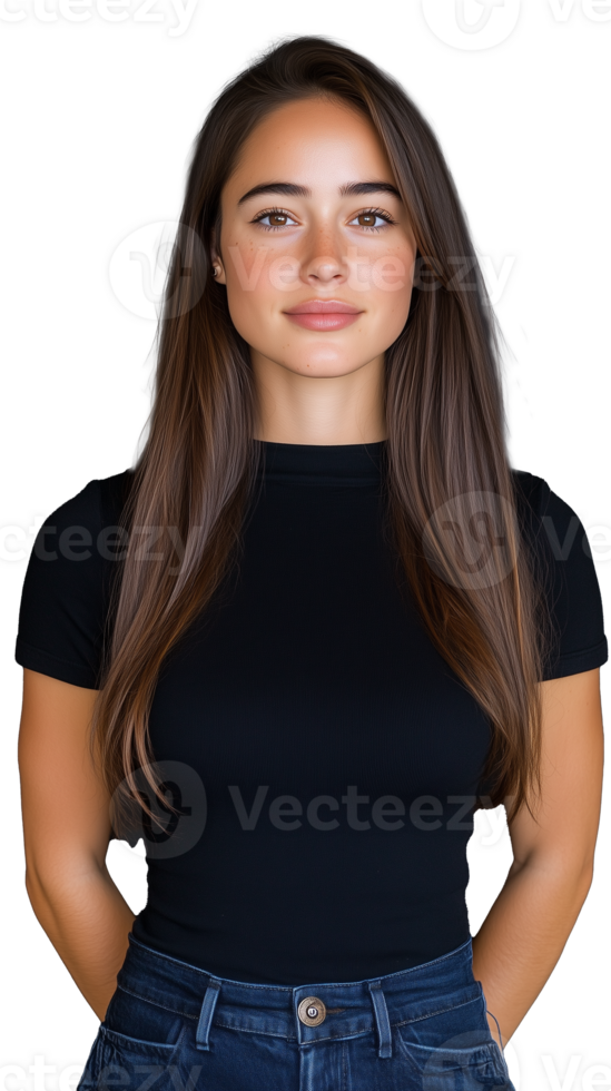 Young woman with long hair in black top on transparent background png
