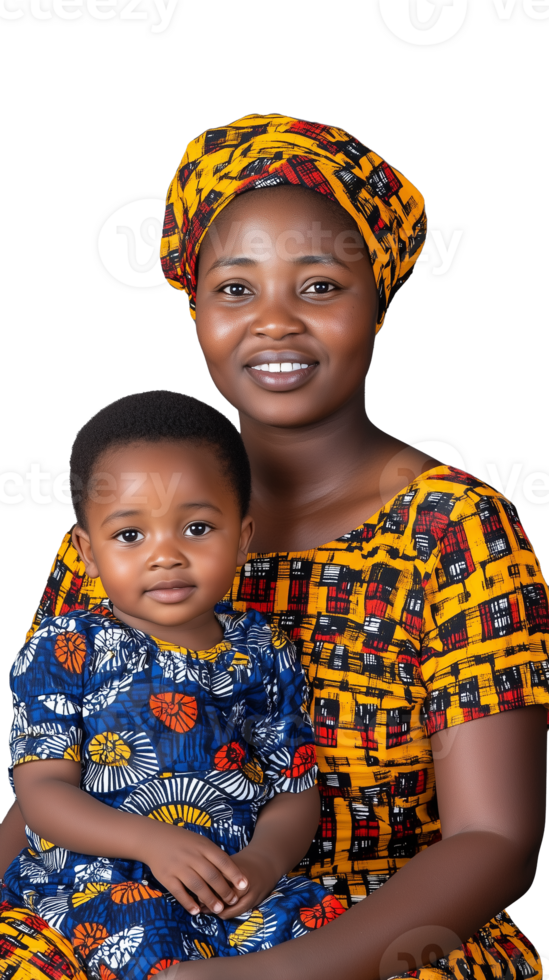 Smiling African mother with child in traditional attire on transparent background png