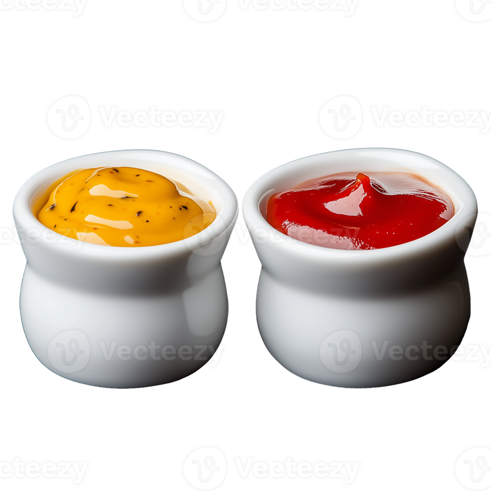 Ketchup and mustard in white cups on transparent background png