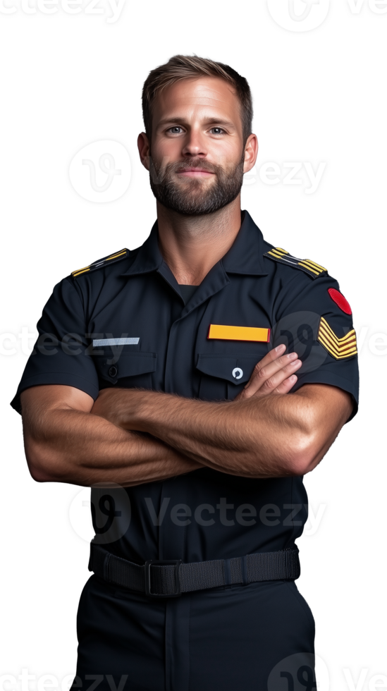 Male firefighter in uniform with arms crossed on transparent background png