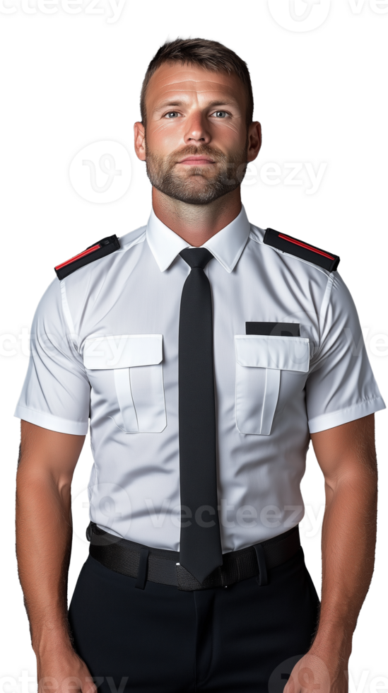 Male security guard in uniform with serious expression on transparent background png