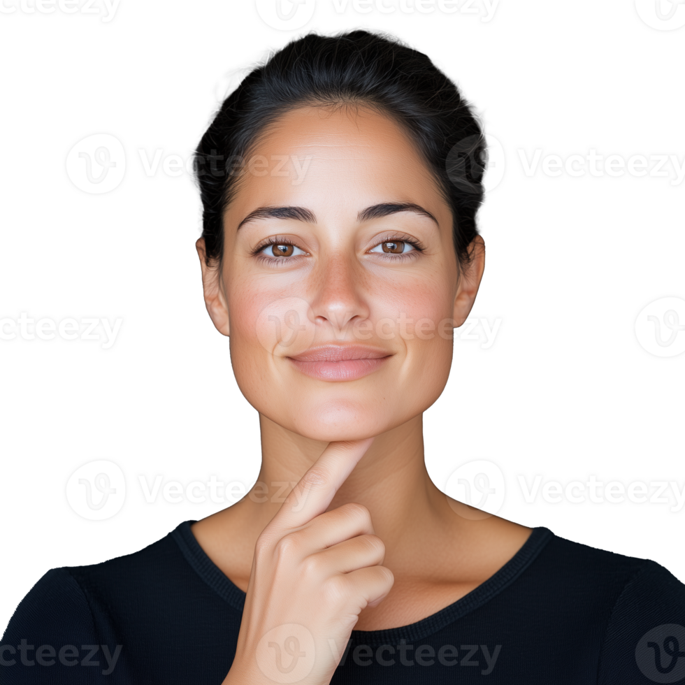 Woman with dark hair in black shirt posing on transparent background png