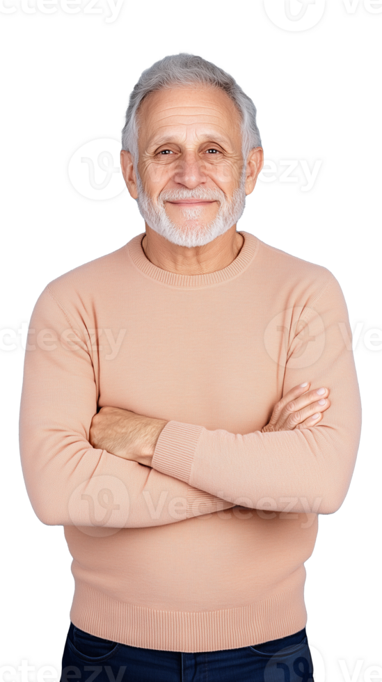Senior man in peach sweater smiling with arms crossed on transparent background png