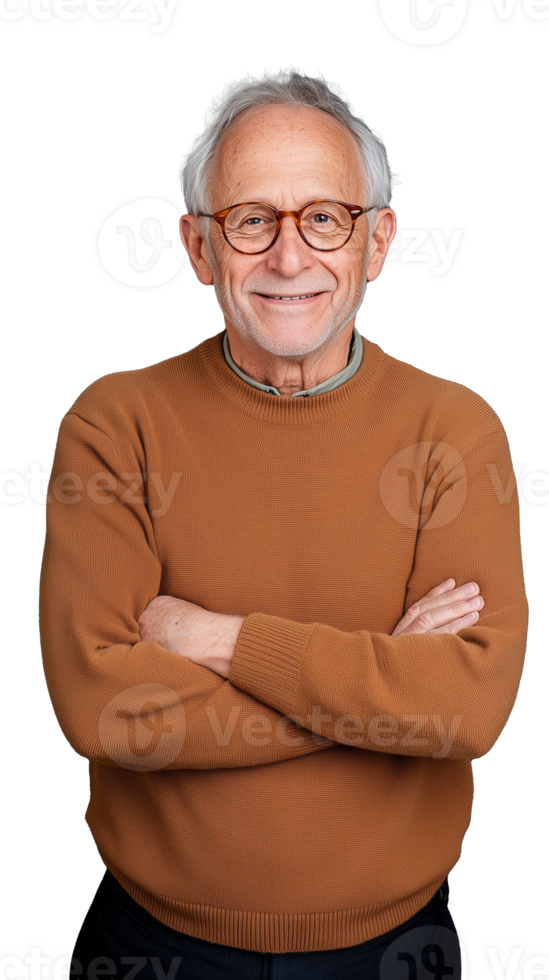 Elderly man in brown sweater smiling with arms crossed on transparent background png