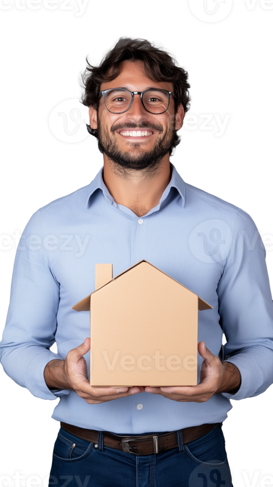 Smiling man holding small house model on transparent background png