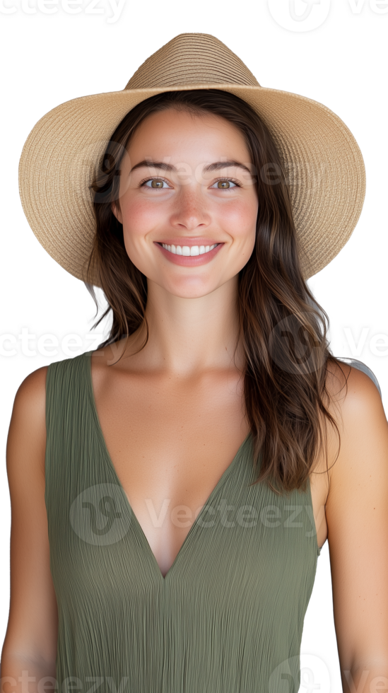 Young woman in green dress and sunhat smiling on transparent background png
