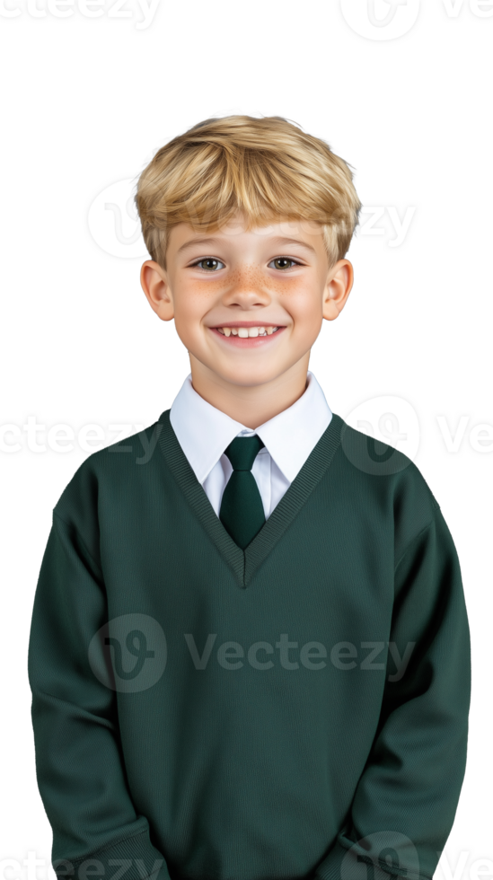 blond pojke i grön skola enhetlig leende på transparent bakgrund png