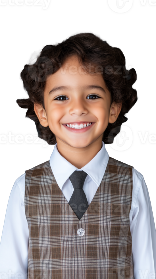 Young boy in plaid vest and tie smiling on transparent background png