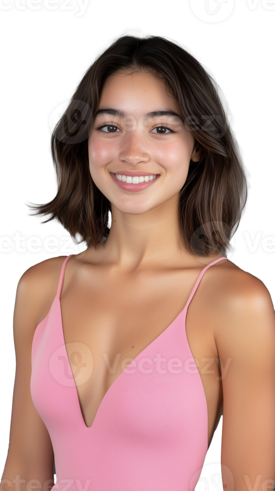 Smiling young woman in pink top on transparent background png