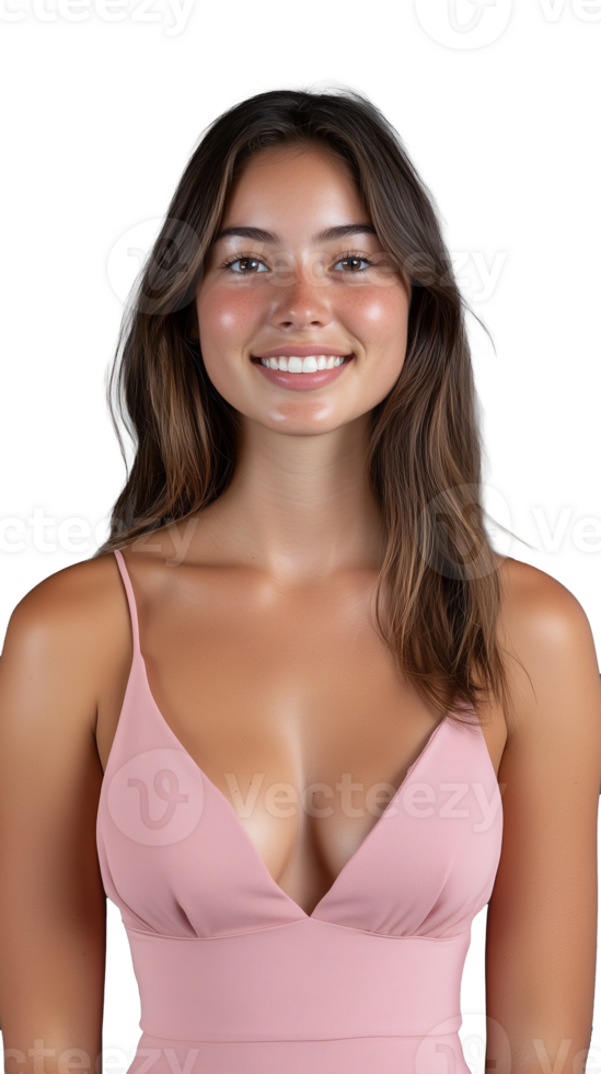 Woman in pink dress smiling confidently on transparent background png