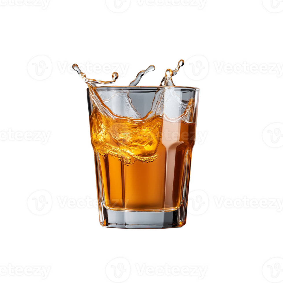 Glass of whiskey with ice and splash on transparent background png