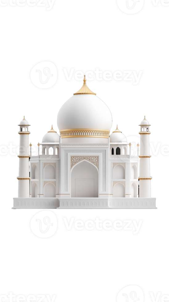 Detailed miniature Taj Mahal replica with golden dome on transparent background png