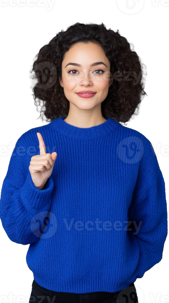Woman in blue sweater pointing upwards on transparent background png