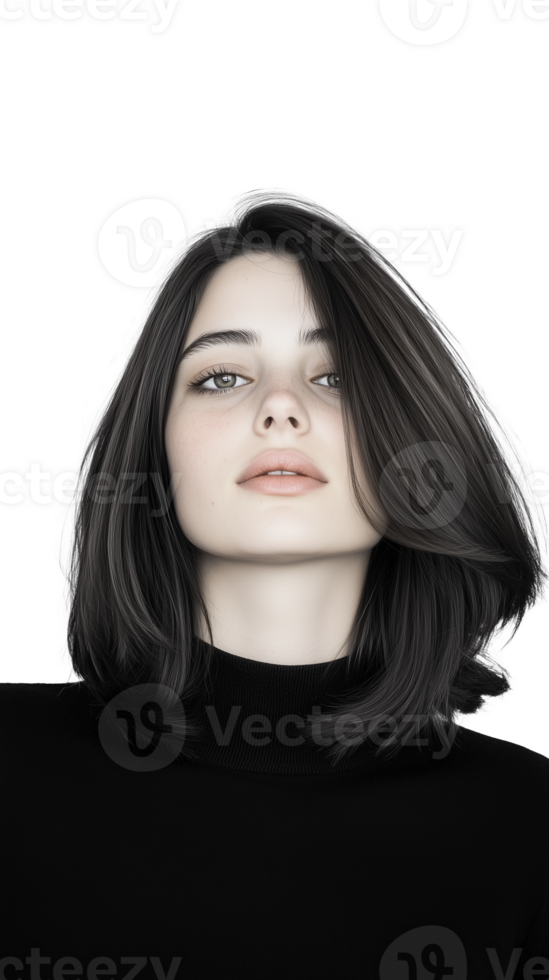 Woman in black turtleneck with relaxed expression on transparent background png
