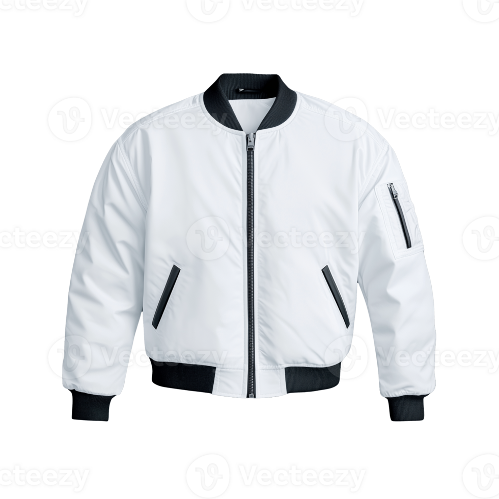 White bomber jacket with black cuffs and zipper pockets on transparent background png