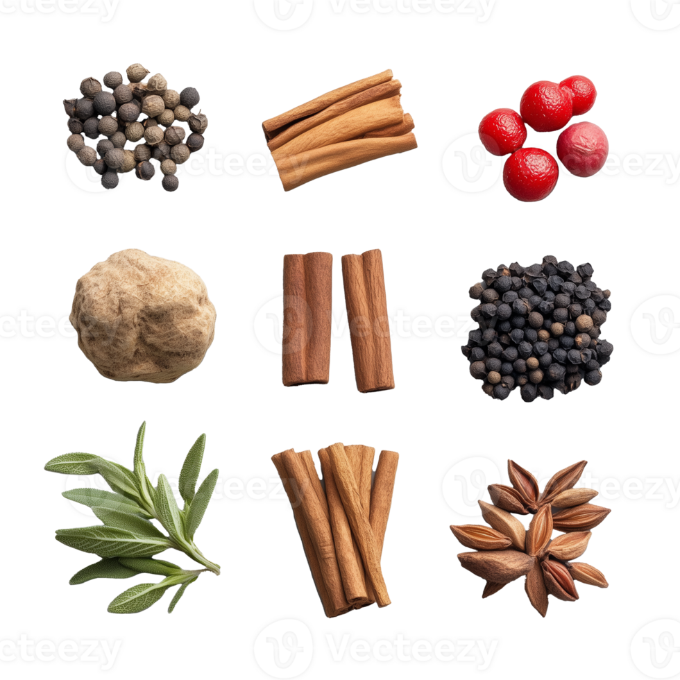 Assorted spices including cinnamon sticks, black pepper, and star anise on transparent background png