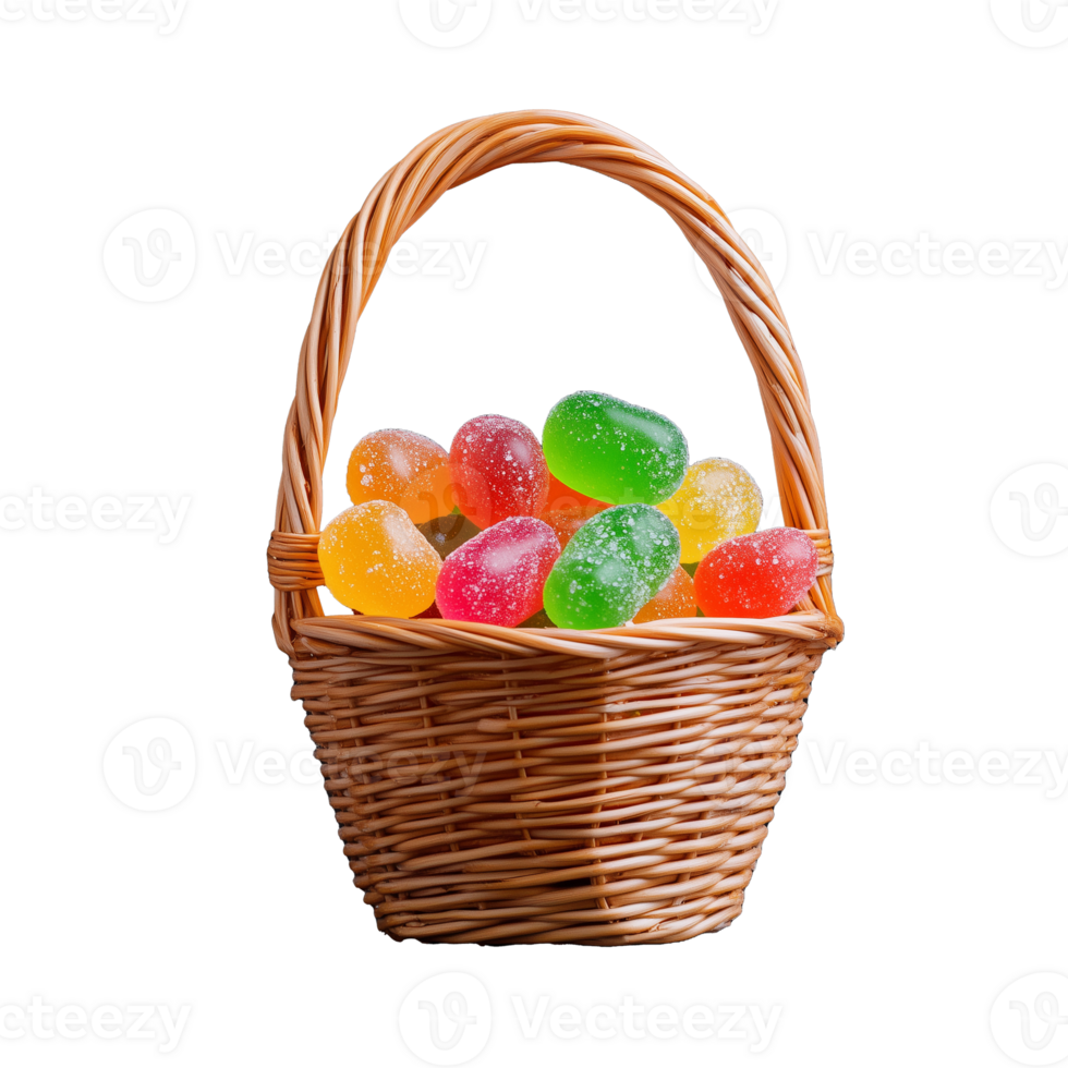 Wicker basket with colorful jelly candies isolated on transparent background png