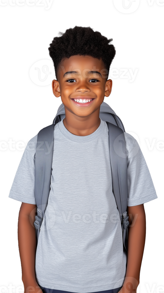 Happy young boy with backpack in gray t-shirt on transparent background png