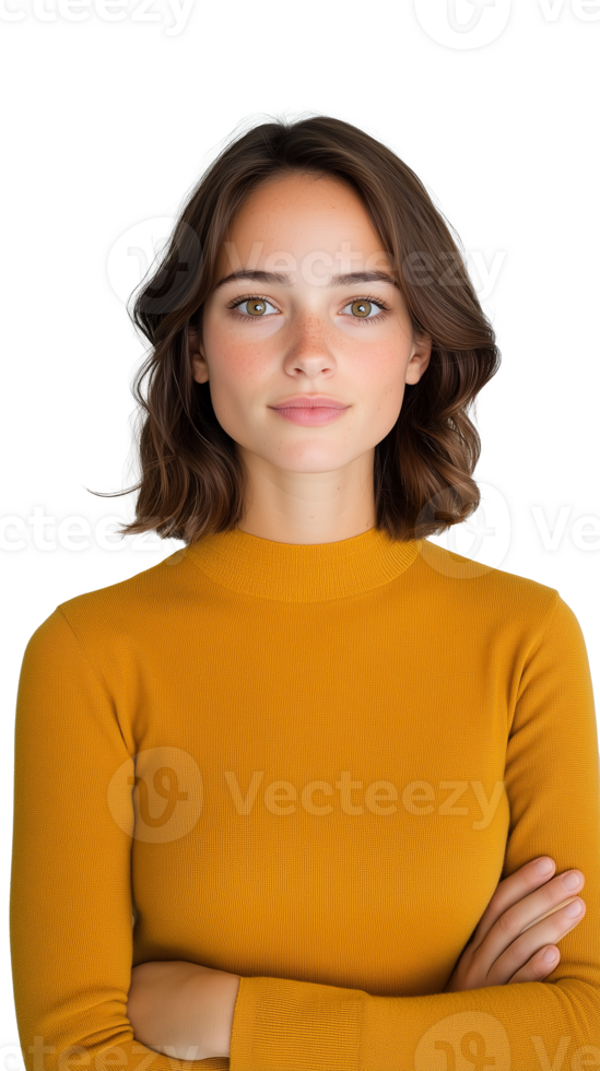 Confident woman in orange sweater, arms crossed, on transparent background png