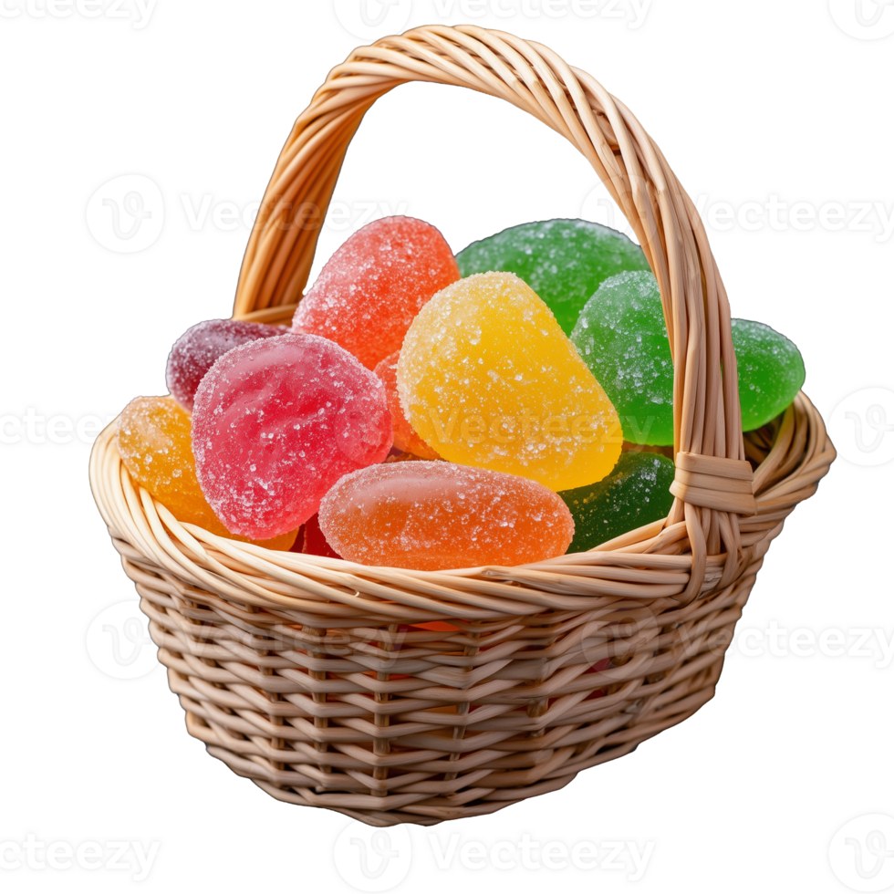 Basket with colorful jelly candies isolated on transparent background png