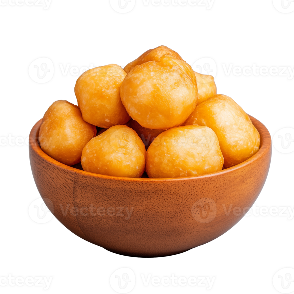 Brown bowl with fried potato balls isolated on transparent background png