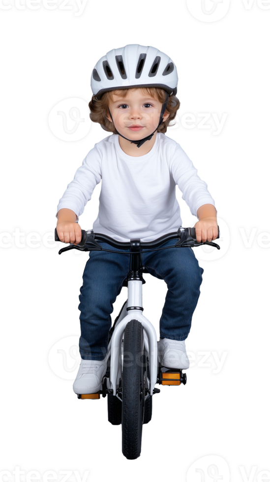 Child on balance bike wearing helmet isolated on transparent background png