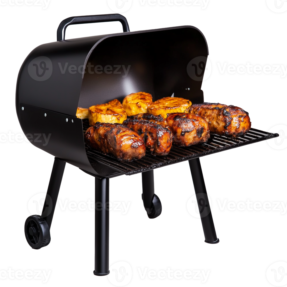 Black barbecue grill with food on cooking grate isolated on transparent background png
