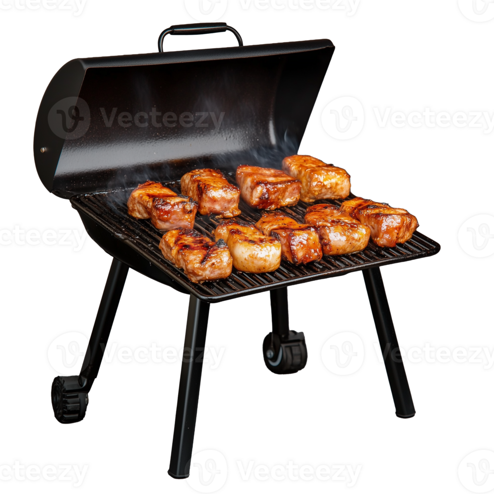Outdoor barbecue grill with meat cooking on transparent background png